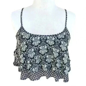 New Dream State Cream & Black Geometric Print Flowy Layered Cropped Top